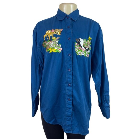 Vintage Mickey Inc Bambi & Flower Embroidered Blue Button-Up Shirt Size L - Picture 2 of 8